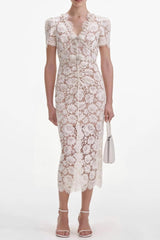Crystal Detailed V Neck Lace Midi Design Dress