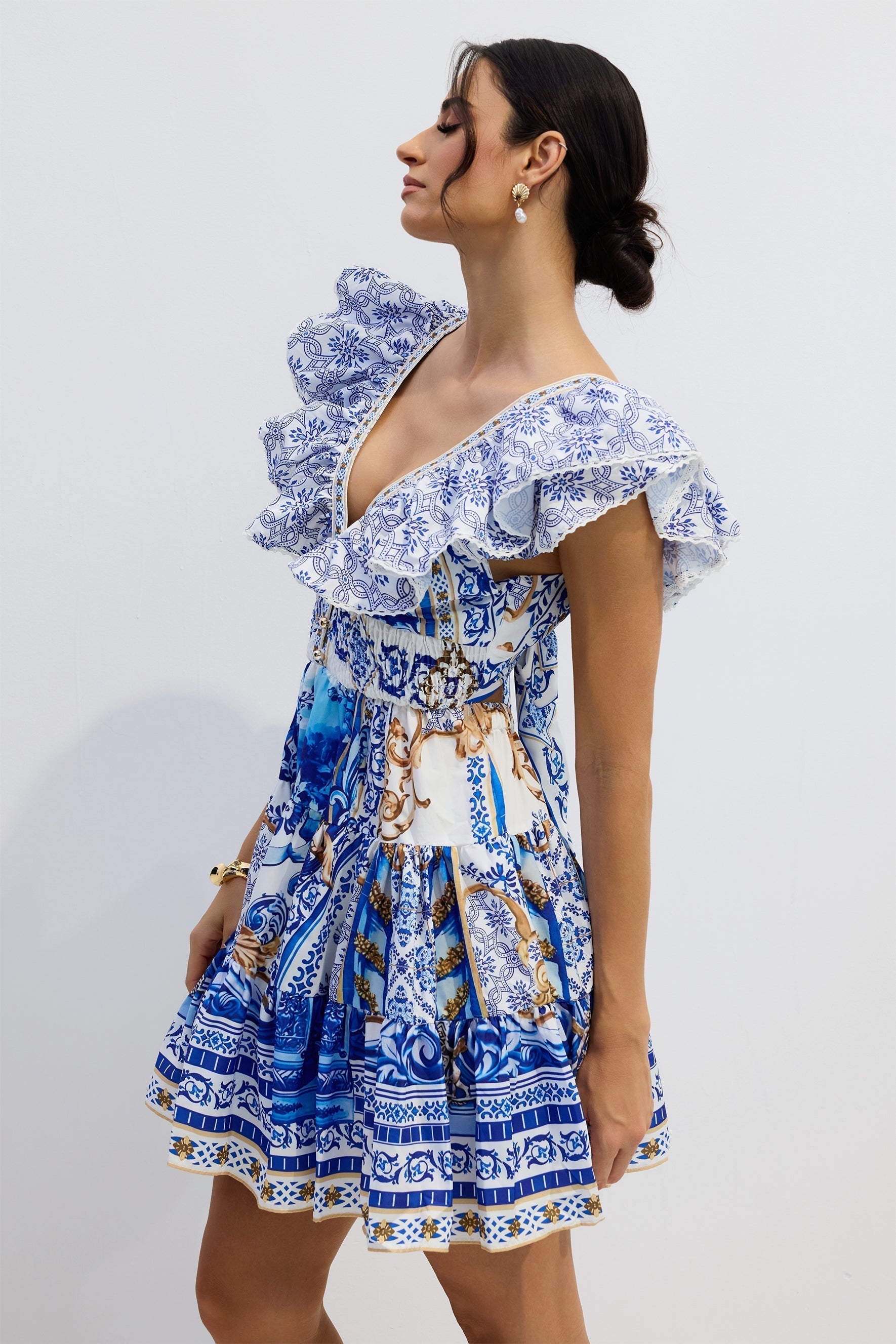 Printed Plunge Neck Mini Dress
