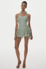 Halter Floral Ruffle Mini Dress - Green