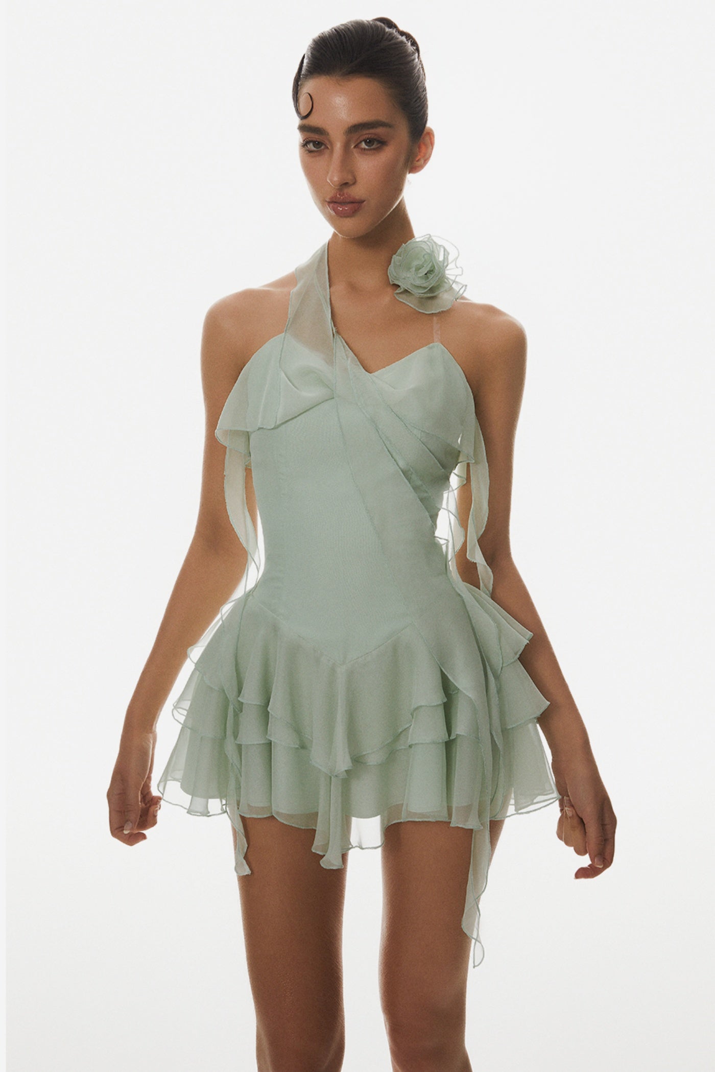Halter Floral Ruffle Mini Dress - Green