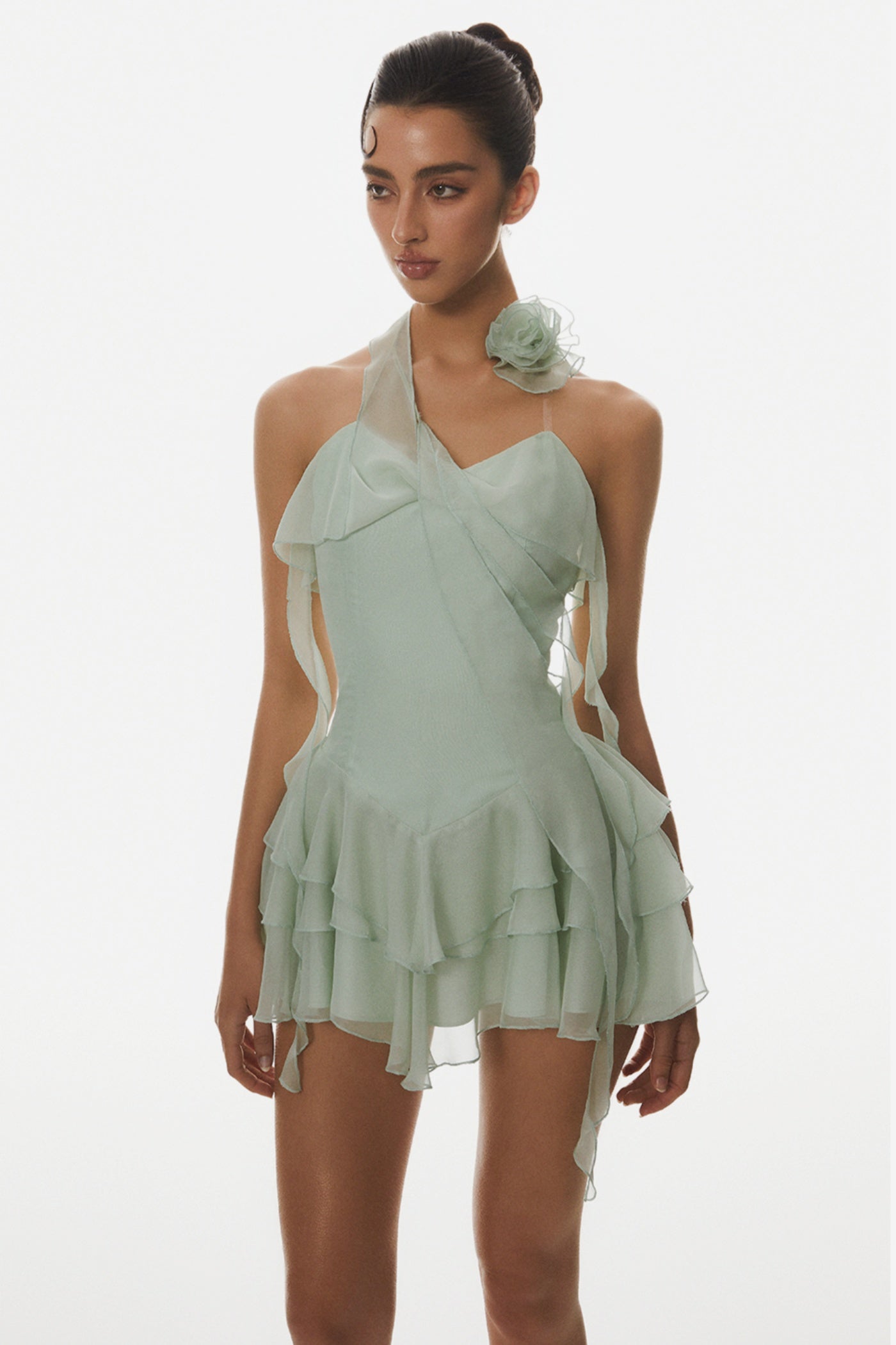 Halter Floral Ruffle Mini Dress - Green
