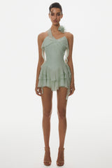 Halter Floral Ruffle Mini Dress - Green