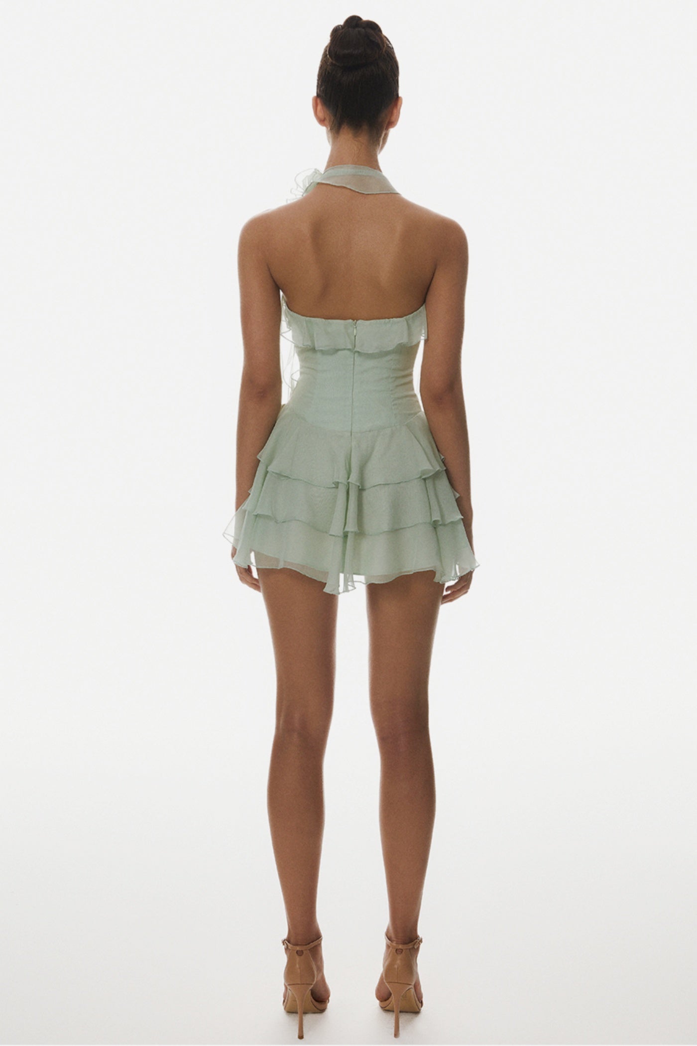 Halter Floral Ruffle Mini Dress - Green