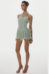 Halter Floral Ruffle Mini Dress - Green