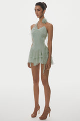 Halter Floral Ruffle Mini Dress - Green