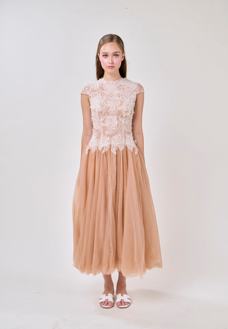 Sequin Lace Patchwork Mesh Maxi Dress in Brown