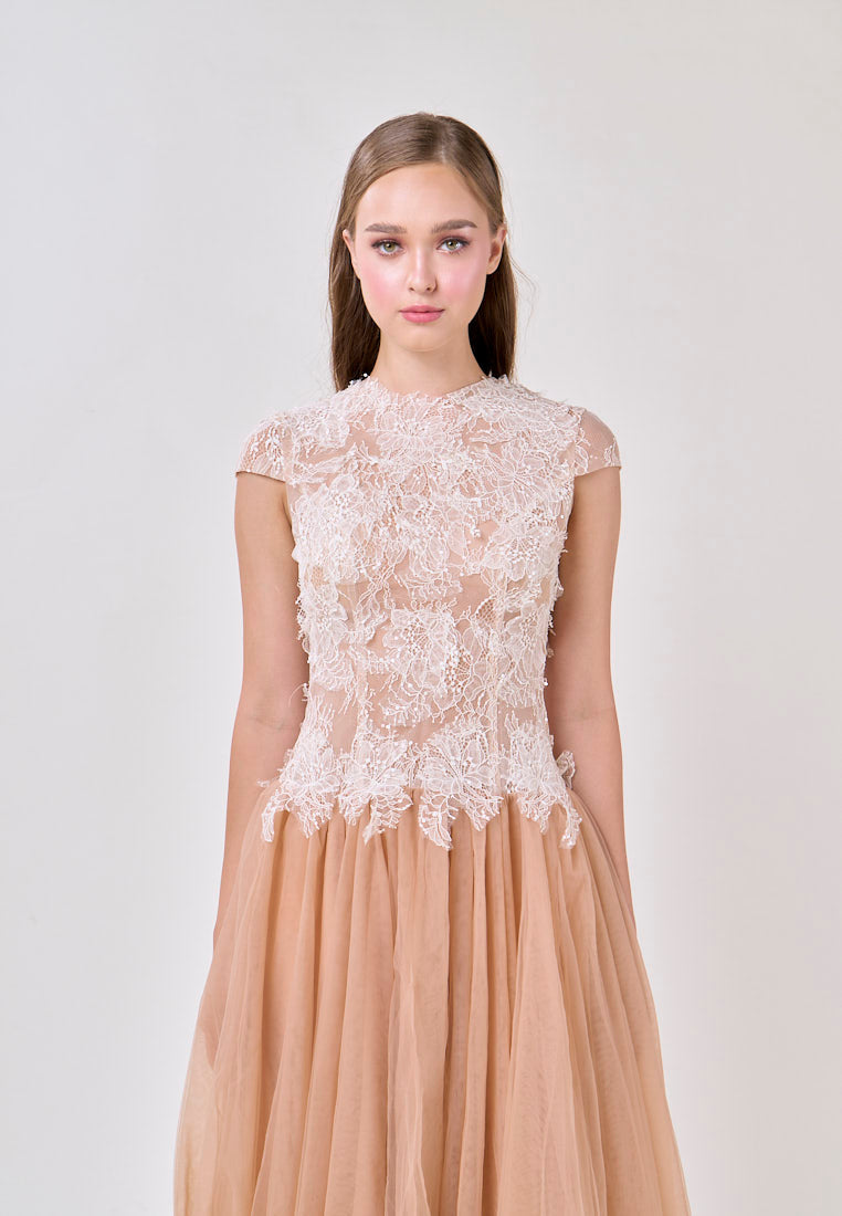 Sequin Lace Patchwork Mesh Maxi Dress in Brown