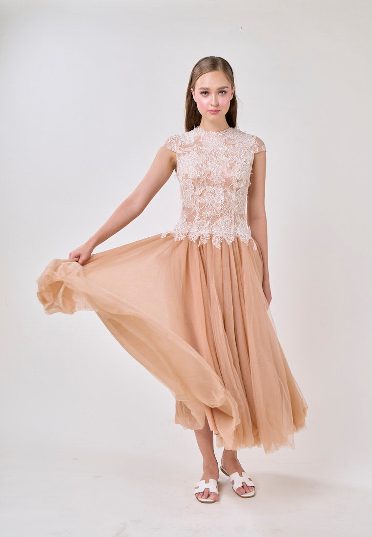 Sequin Lace Patchwork Mesh Maxi Dress in Brown