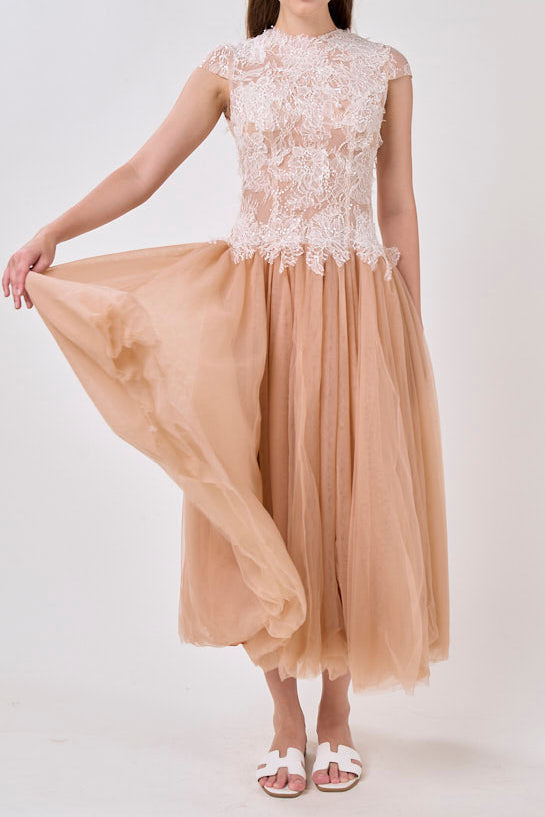 Sequin Lace Patchwork Mesh Maxi Dress in Brown