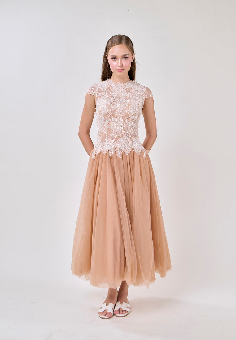 Sequin Lace Patchwork Mesh Maxi Dress in Brown