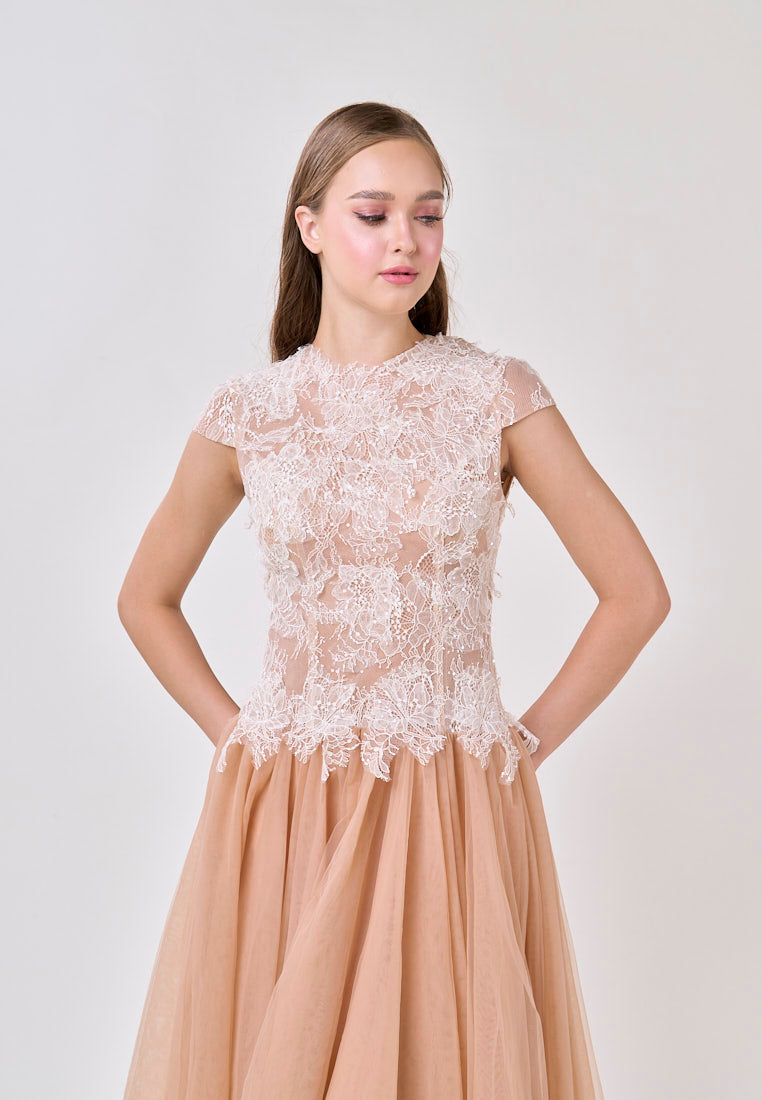 Sequin Lace Patchwork Mesh Maxi Dress in Brown