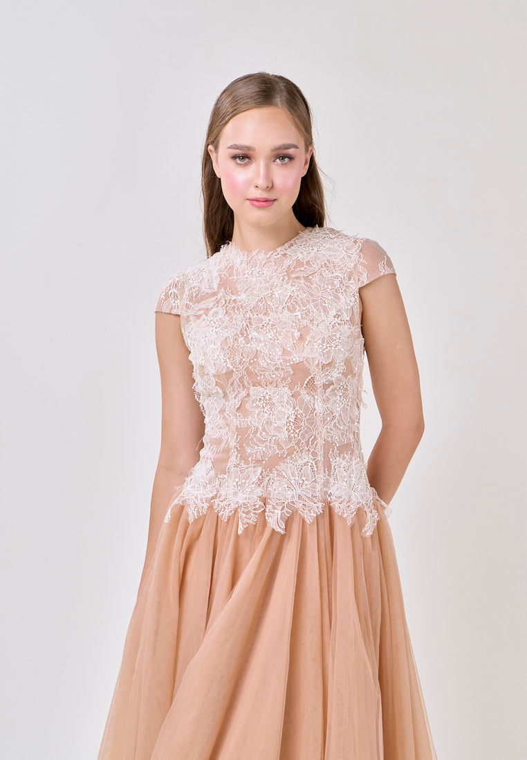 Sequin Lace Patchwork Mesh Maxi Dress in Brown