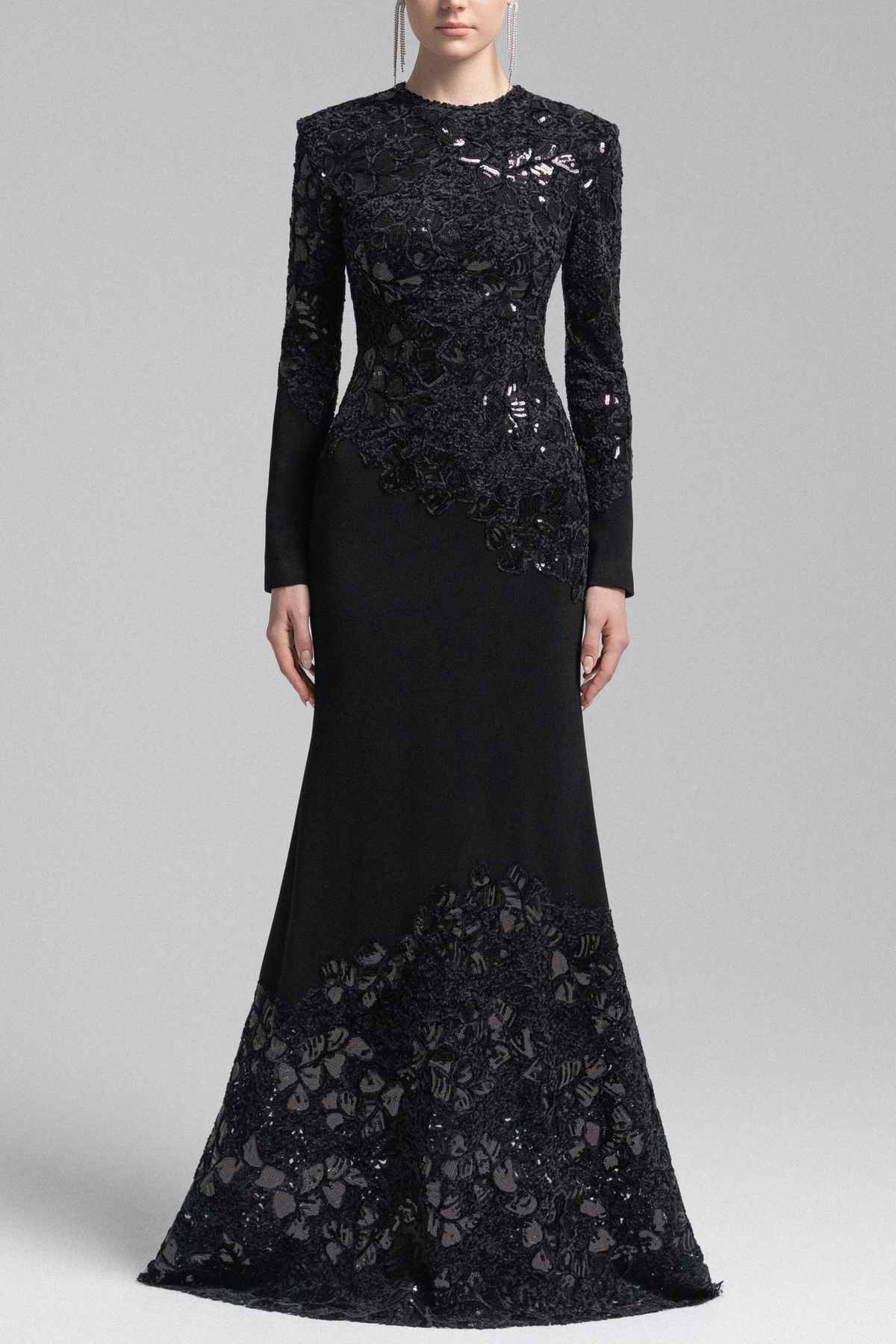 Black Lace Embroidered Long Sleeve Maxi Dress