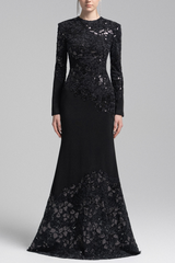 Black Lace Embroidered Long Sleeve Maxi Dress