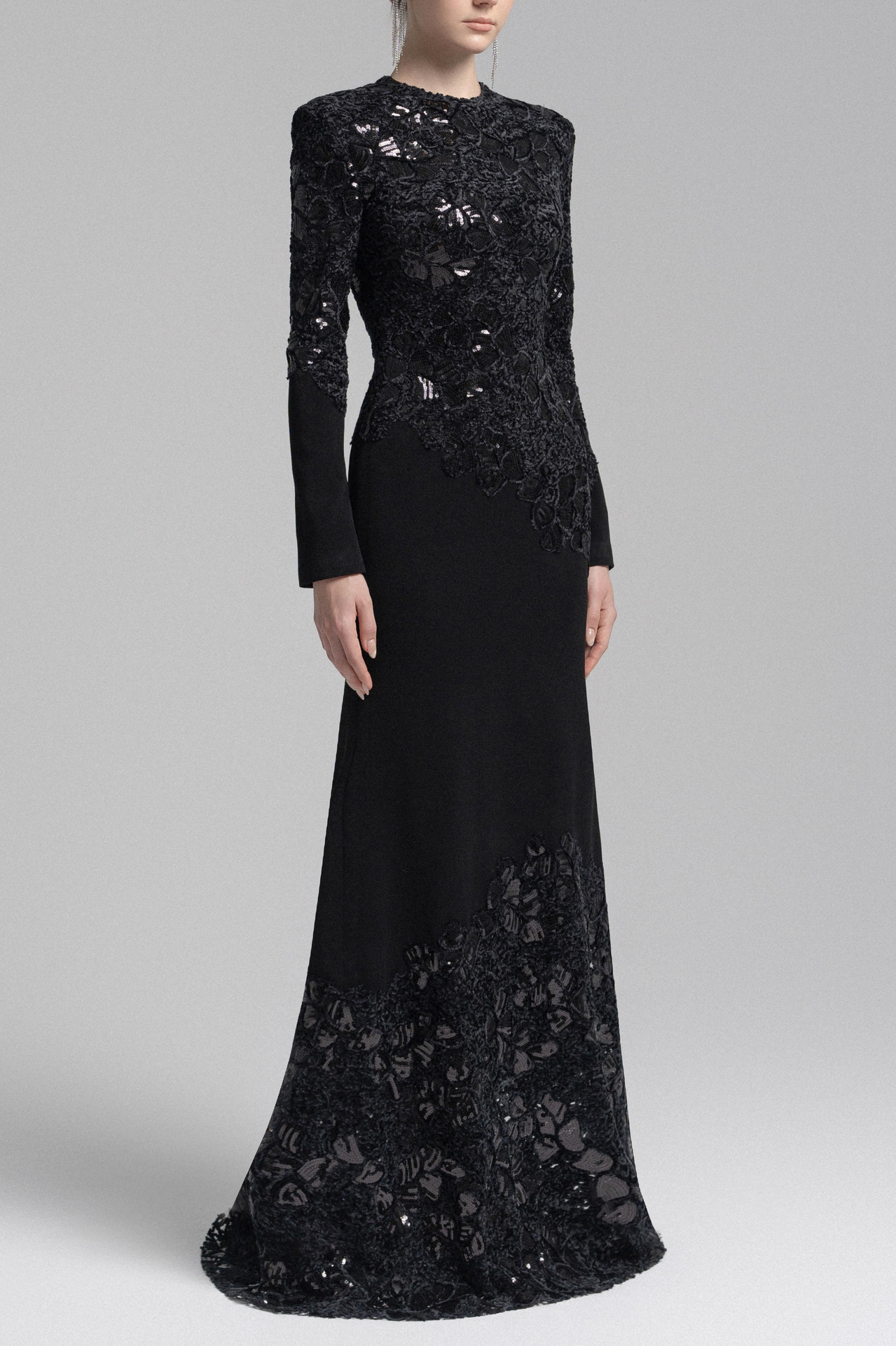 Black Lace Embroidered Long Sleeve Maxi Dress