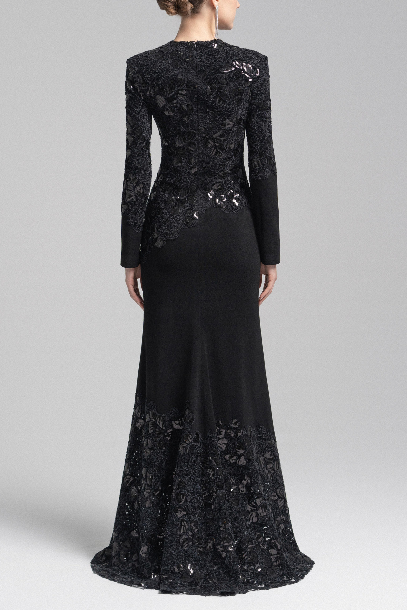 Black Lace Embroidered Long Sleeve Maxi Dress