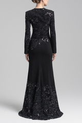 Black Lace Embroidered Long Sleeve Maxi Dress