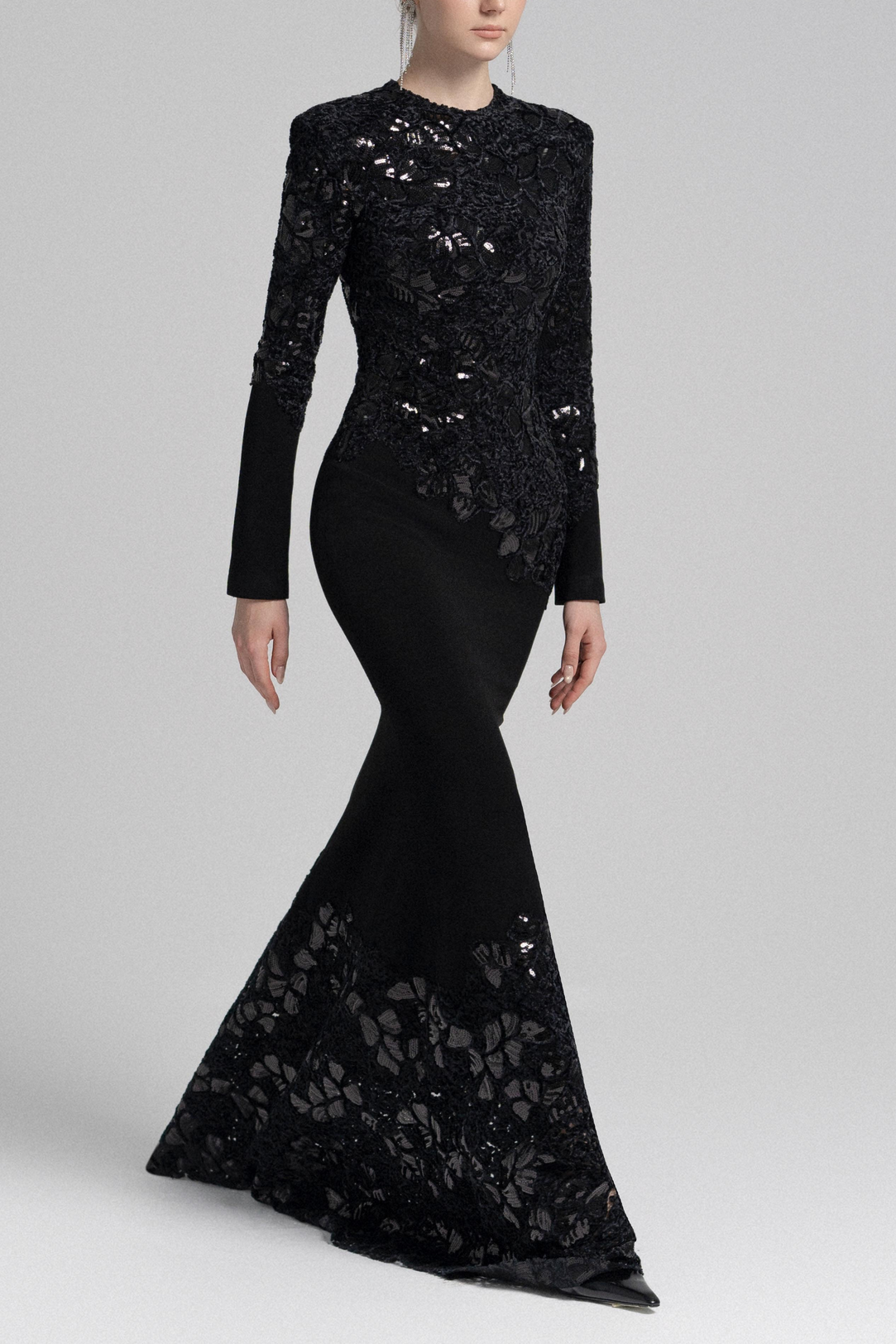Black Lace Embroidered Long Sleeve Maxi Dress