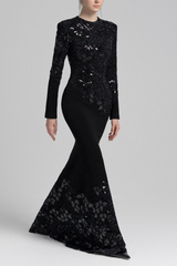Black Lace Embroidered Long Sleeve Maxi Dress