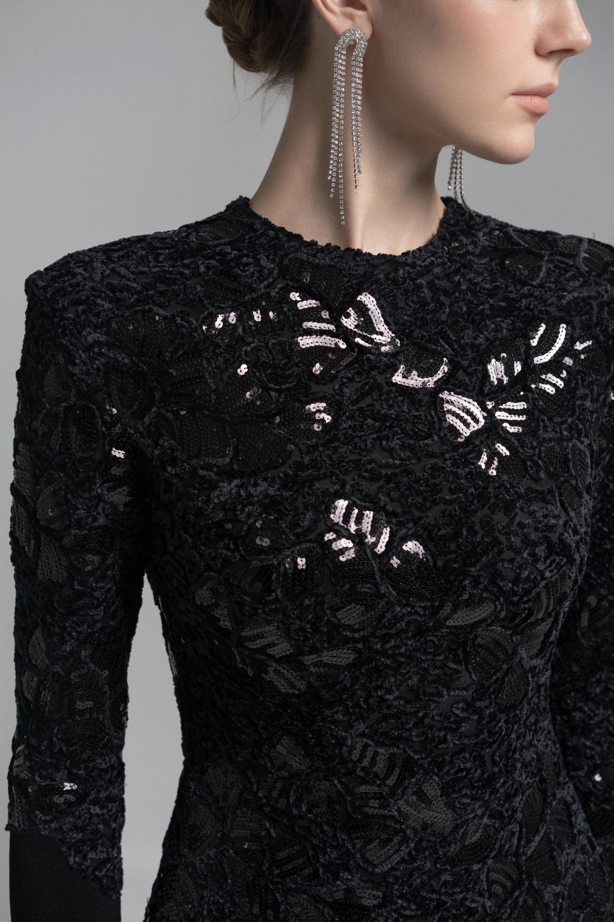 Black Lace Embroidered Long Sleeve Maxi Dress