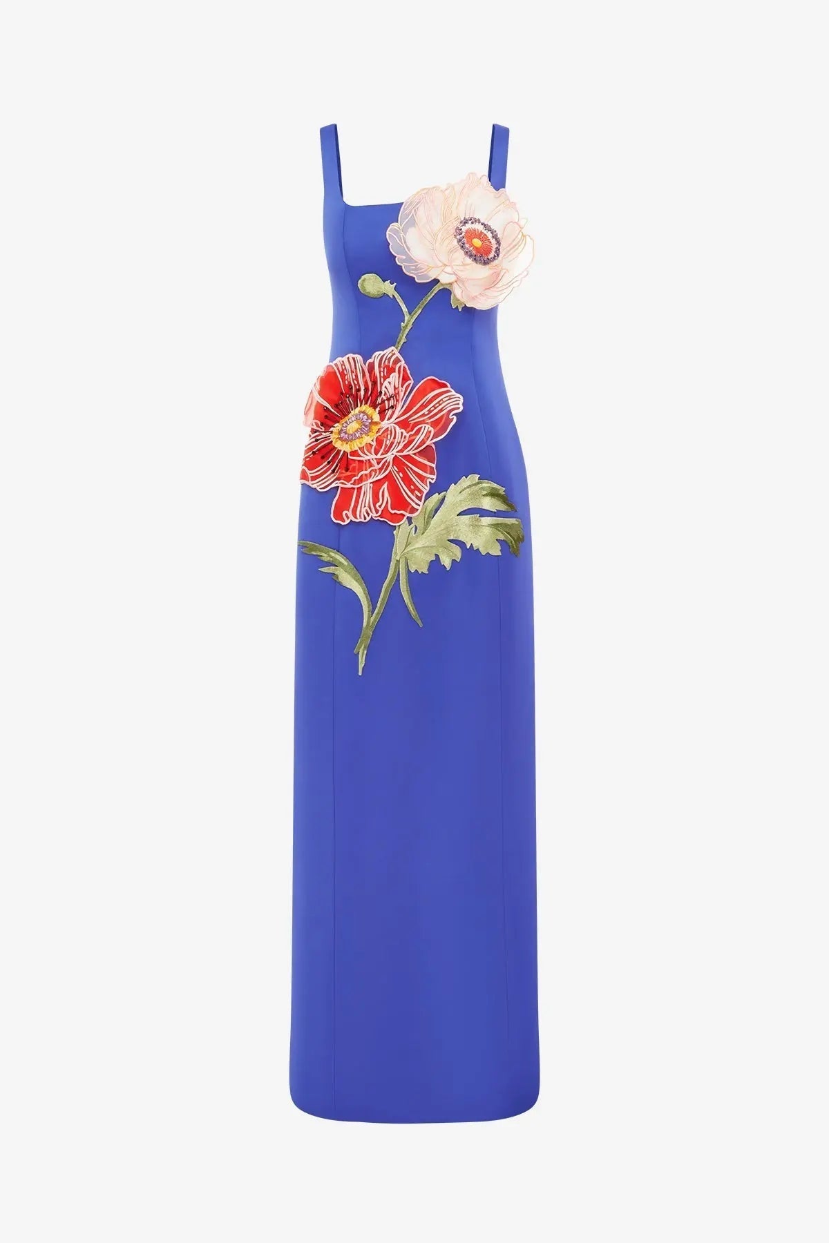 Square Neck Flower Embroidery Satin Maxi Dress in Blue