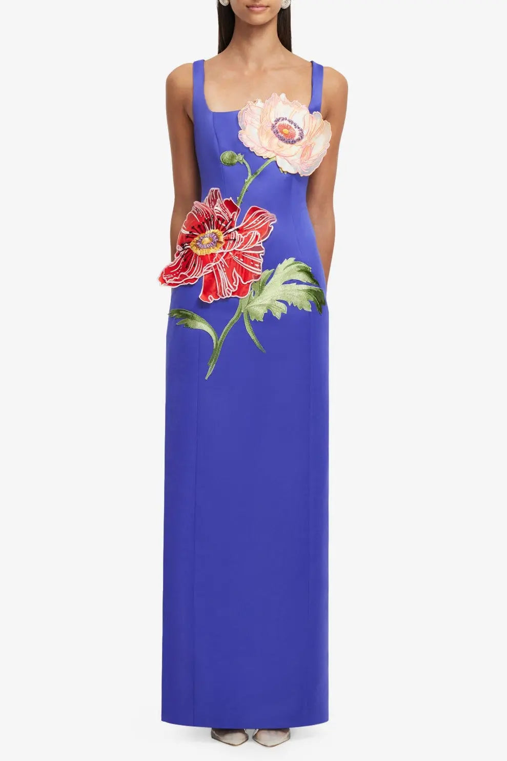 Square Neck Flower Embroidery Satin Maxi Dress in Blue