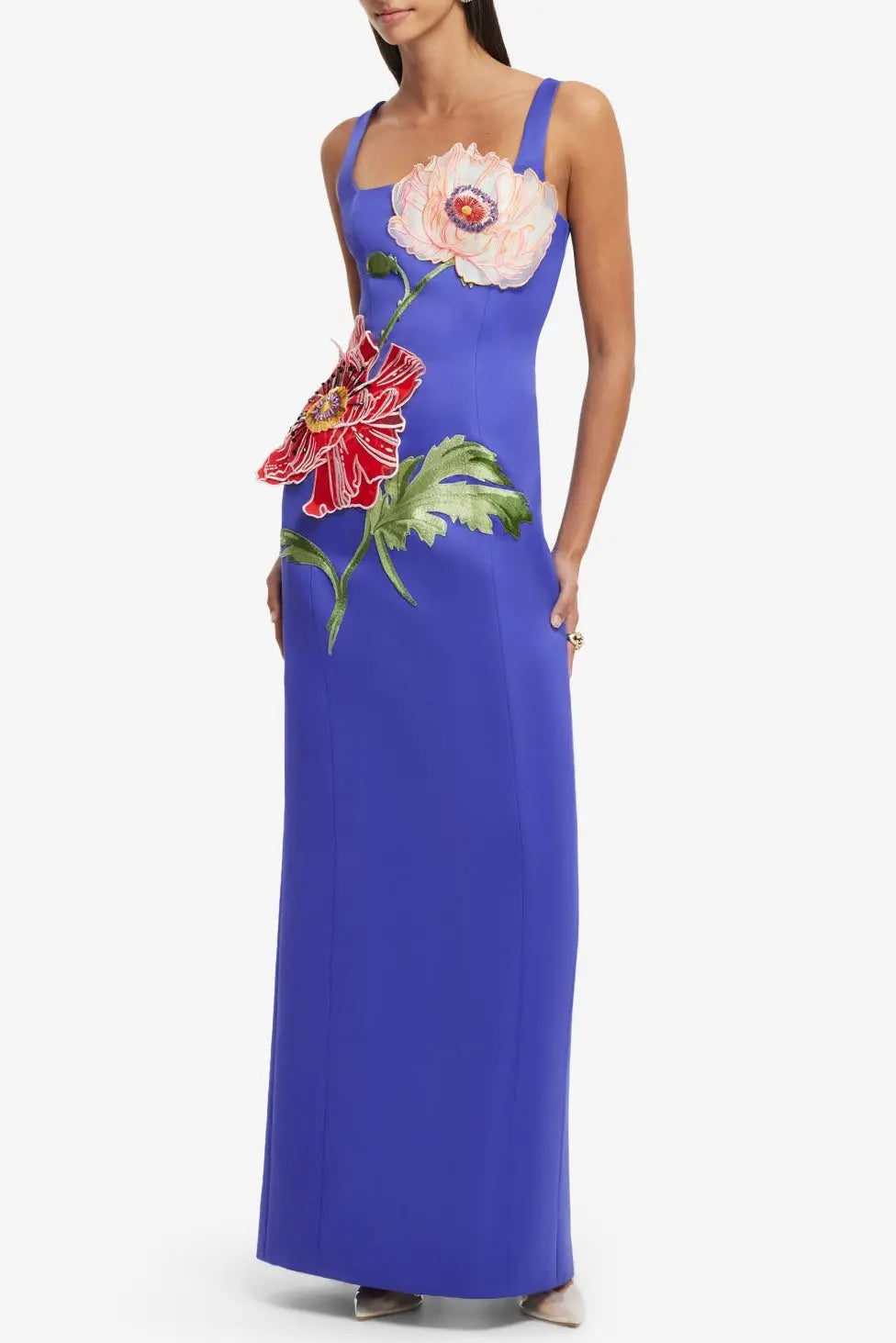 Square Neck Flower Embroidery Satin Maxi Dress in Blue