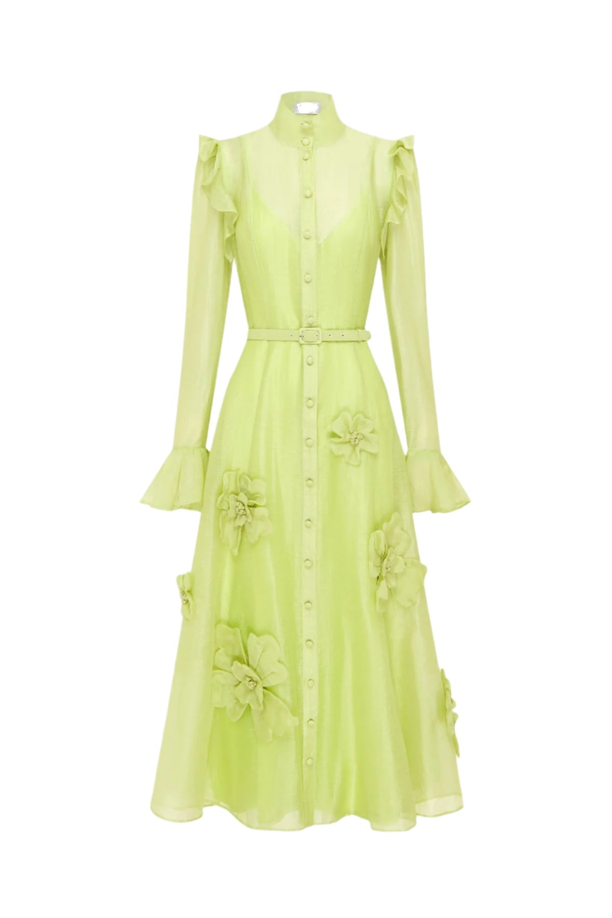 3D Flower Sleeve Midi Dress - Chartreuse