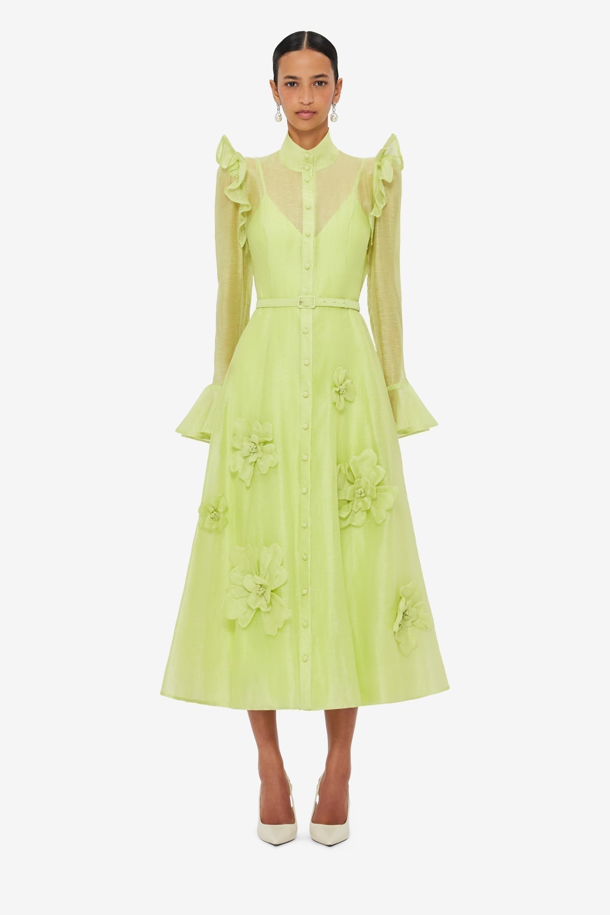 3D Flower Sleeve Midi Dress - Chartreuse