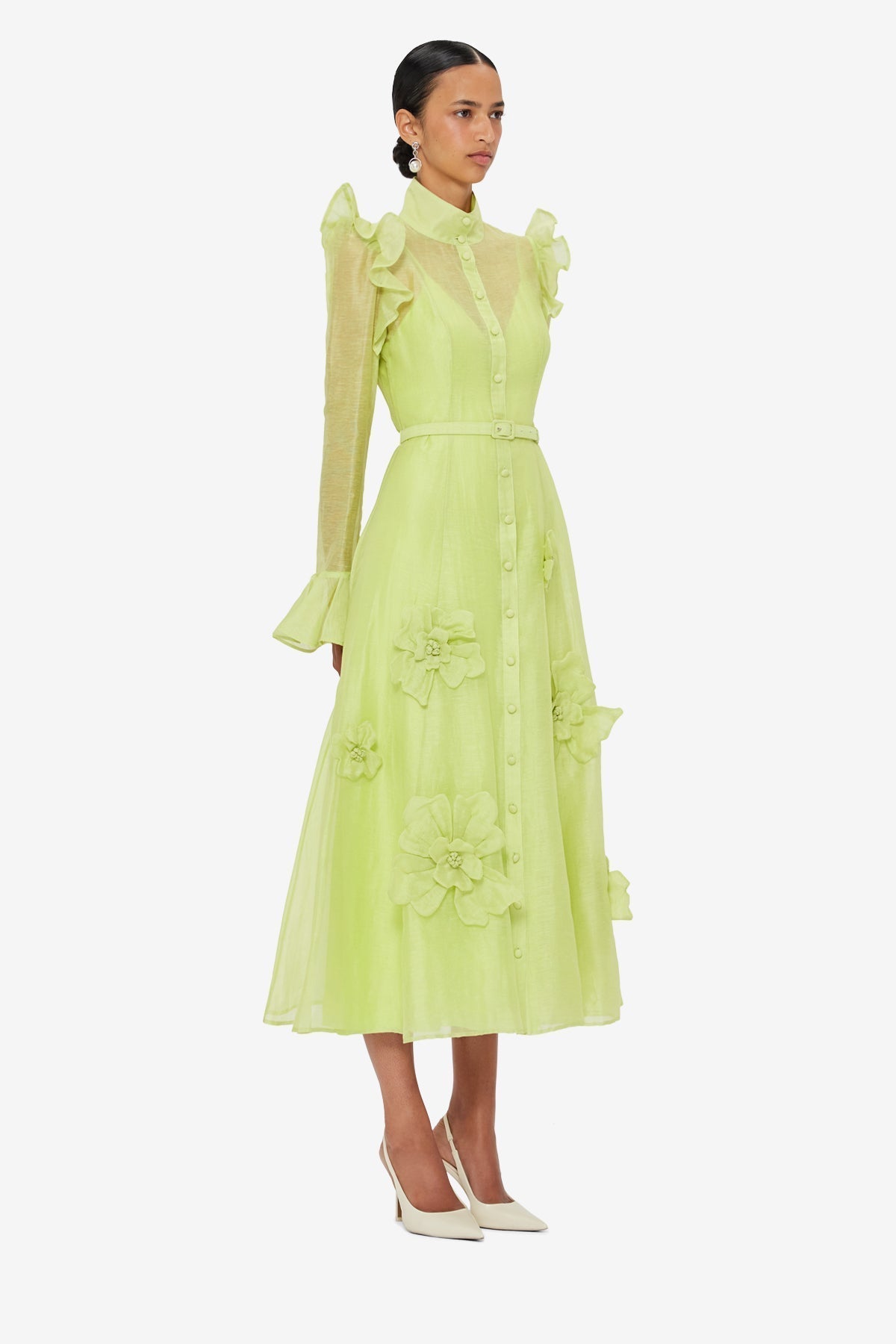 3D Flower Sleeve Midi Dress - Chartreuse