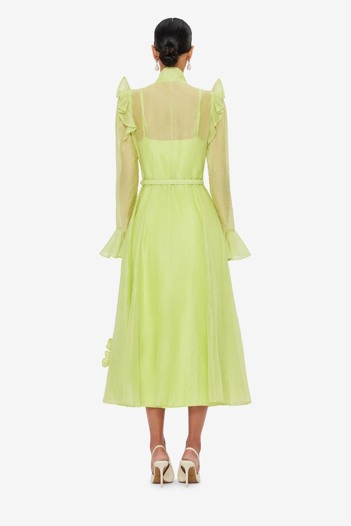 3D Flower Sleeve Midi Dress - Chartreuse