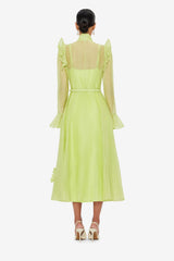 3D Flower Sleeve Midi Dress - Chartreuse