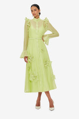 3D Flower Sleeve Midi Dress - Chartreuse