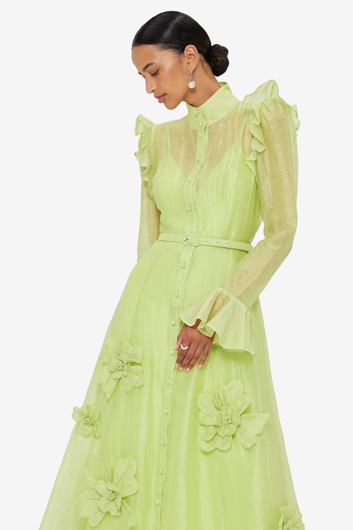 3D Flower Sleeve Midi Dress - Chartreuse