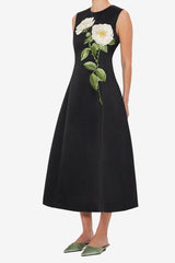 Floral Print Embellished Sleeveless Midi Dress in Black