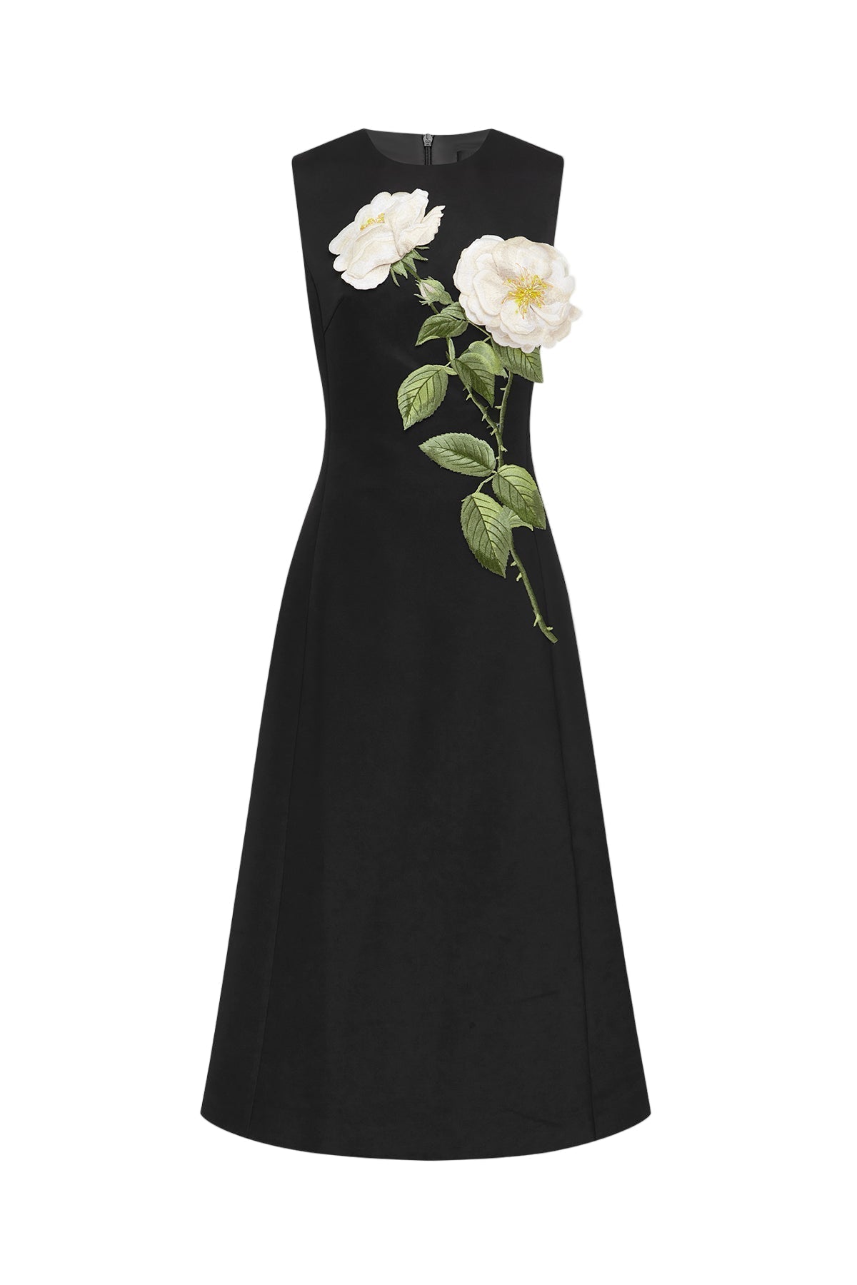 Floral Print Embellished Sleeveless Midi Dress in Black