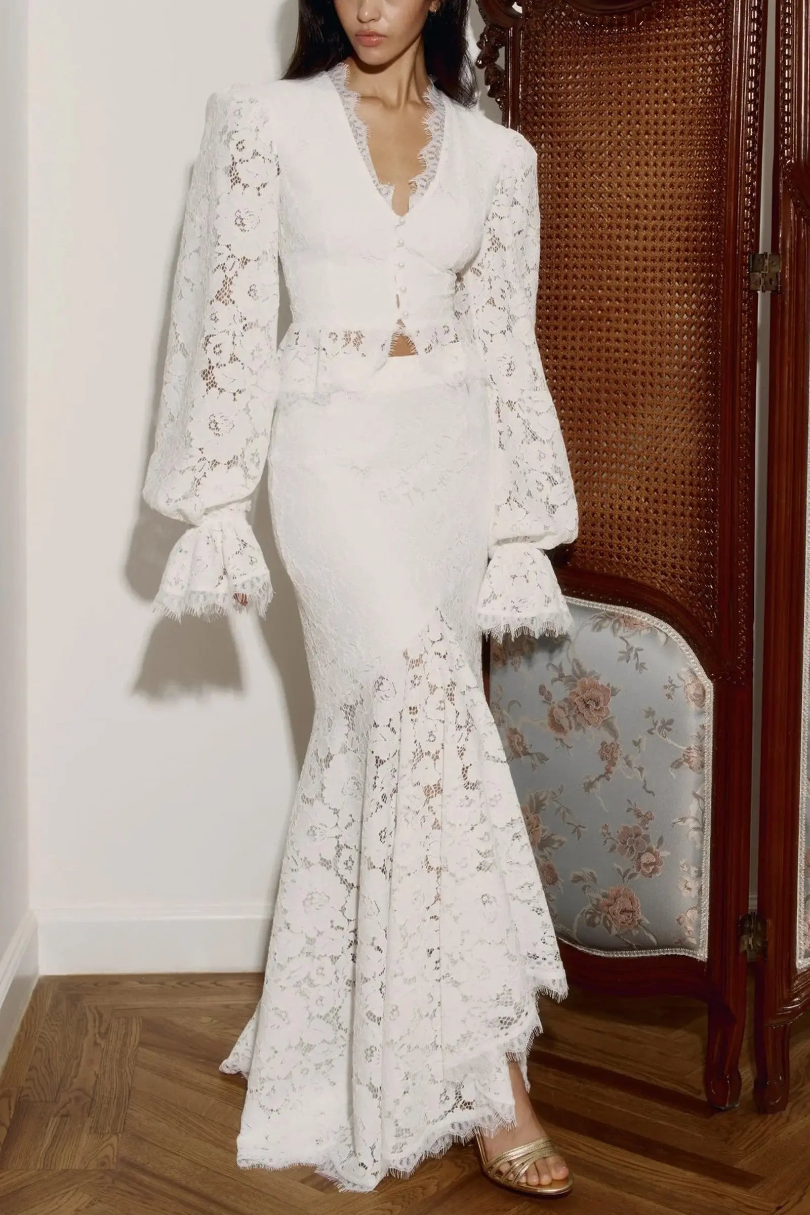 Lace Trimmed Puff Sleeved Top & Skirt Set in white