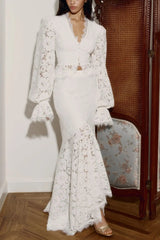 Lace Trimmed Puff Sleeved Top & Skirt Set in white