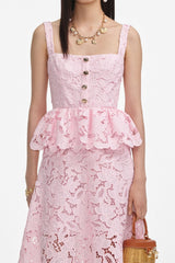Pink Lace Peplum Midi Dress