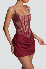 Lace Corset Ruched Mini Dress - Red