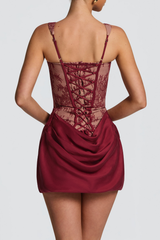 Lace Corset Ruched Mini Dress - Red