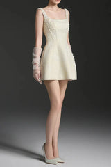 Cora Light Yellow Silk Lined Lacquered Brocade Mini Dress