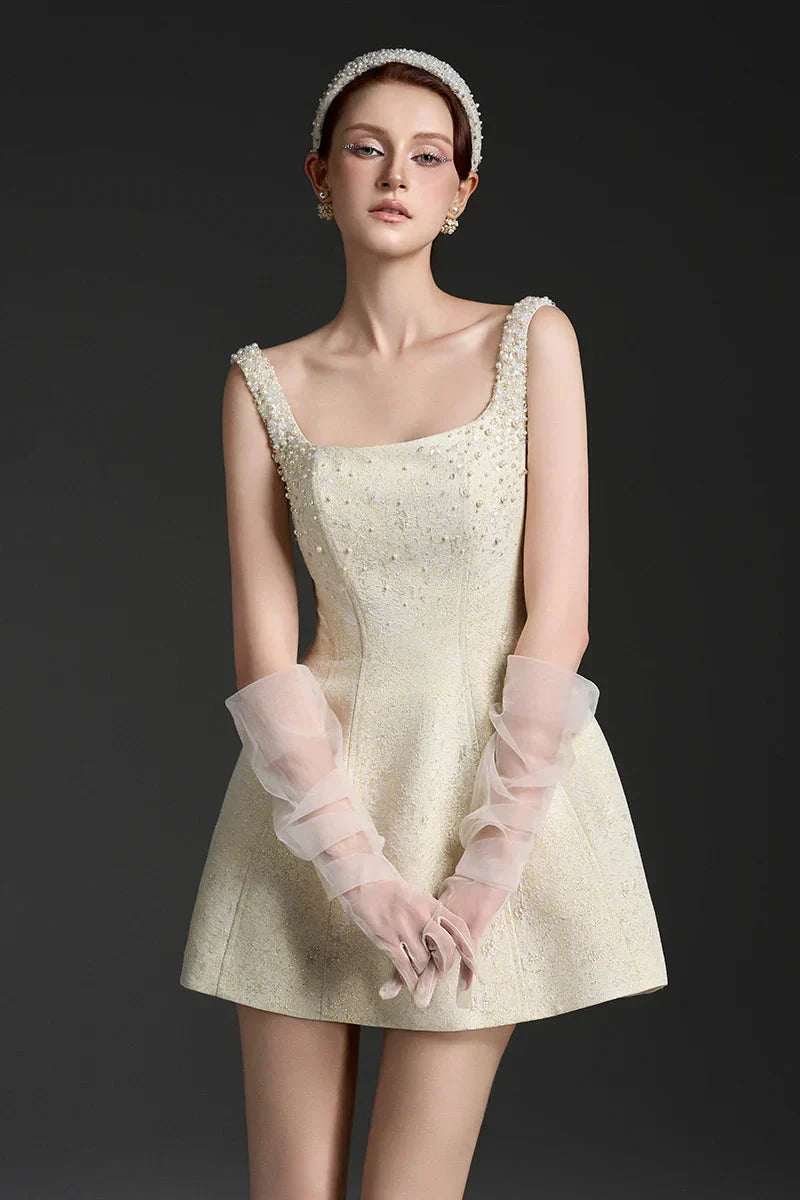 Cora Light Yellow Silk Lined Lacquered Brocade Mini Dress