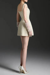 Cora Light Yellow Silk Lined Lacquered Brocade Mini Dress