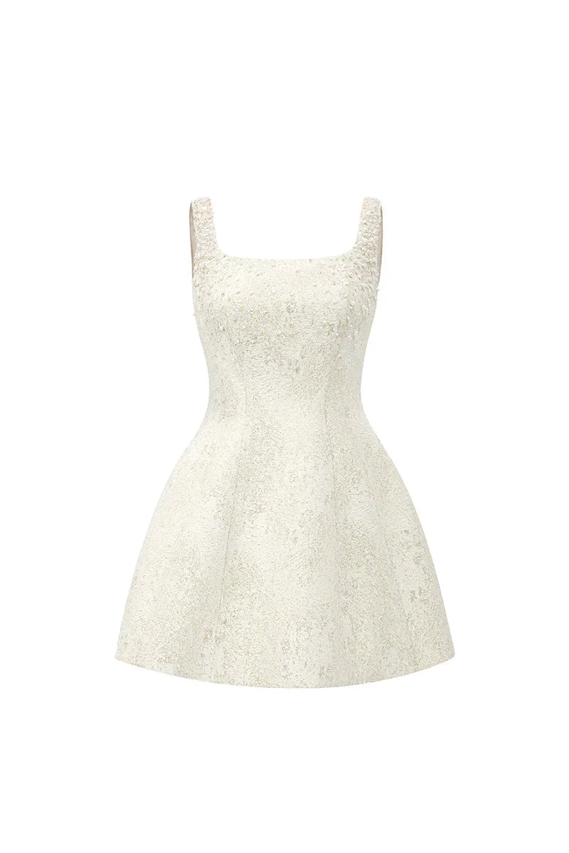 Cora Light Yellow Silk Lined Lacquered Brocade Mini Dress