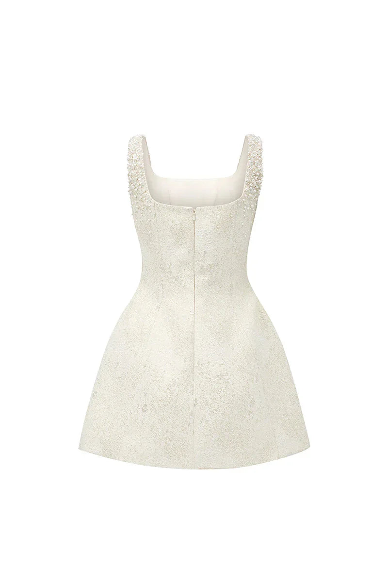 Cora Light Yellow Silk Lined Lacquered Brocade Mini Dress
