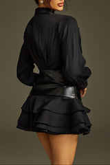 Collar Ruched Ruffle Mini Dress in Black