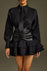 Collar Ruched Ruffle Mini Dress in Black