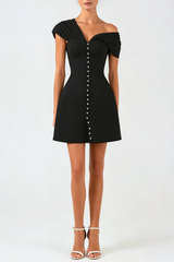 Off Shoulder Buttoned Mini Dress - Black