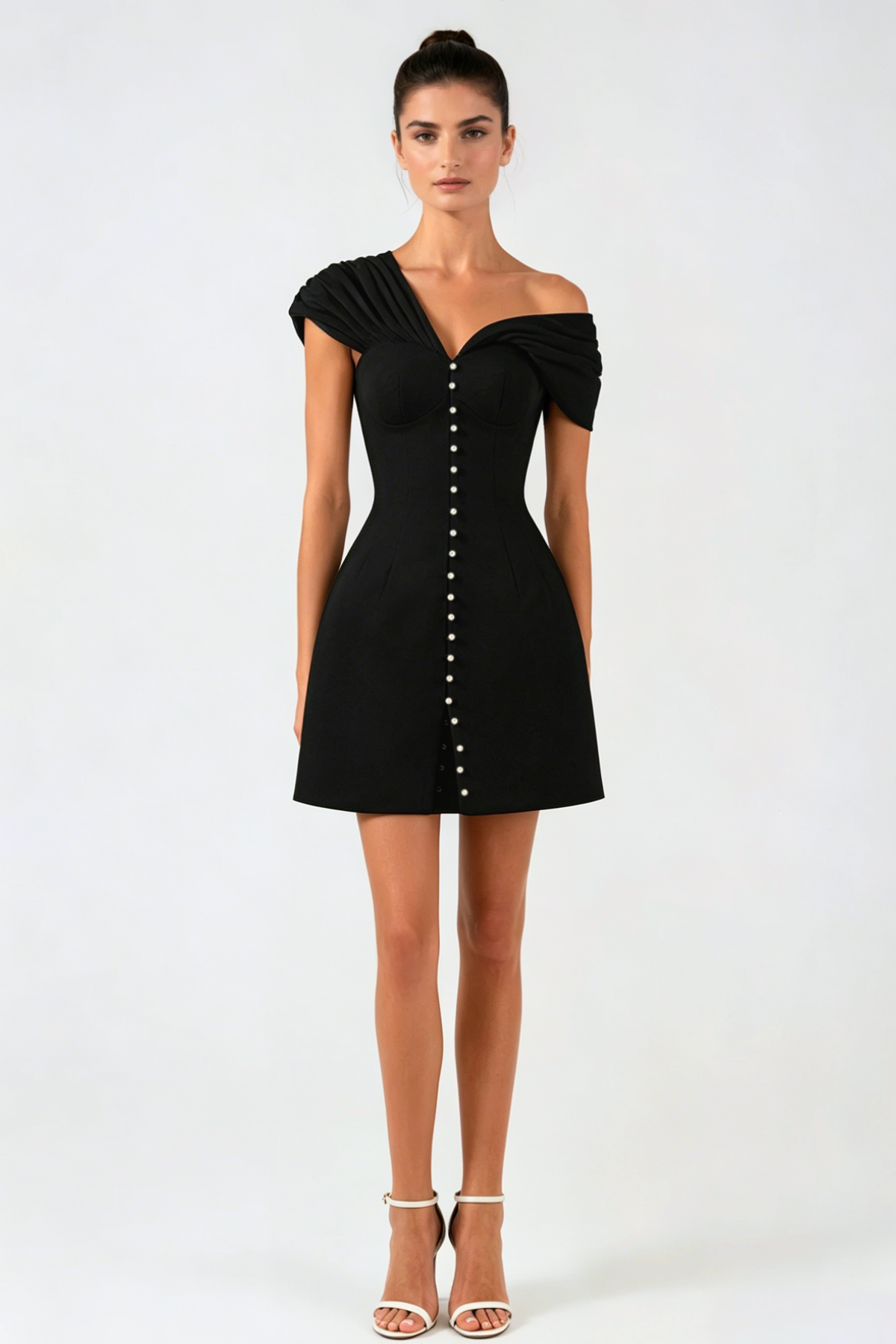 Off Shoulder Buttoned Mini Dress - Black